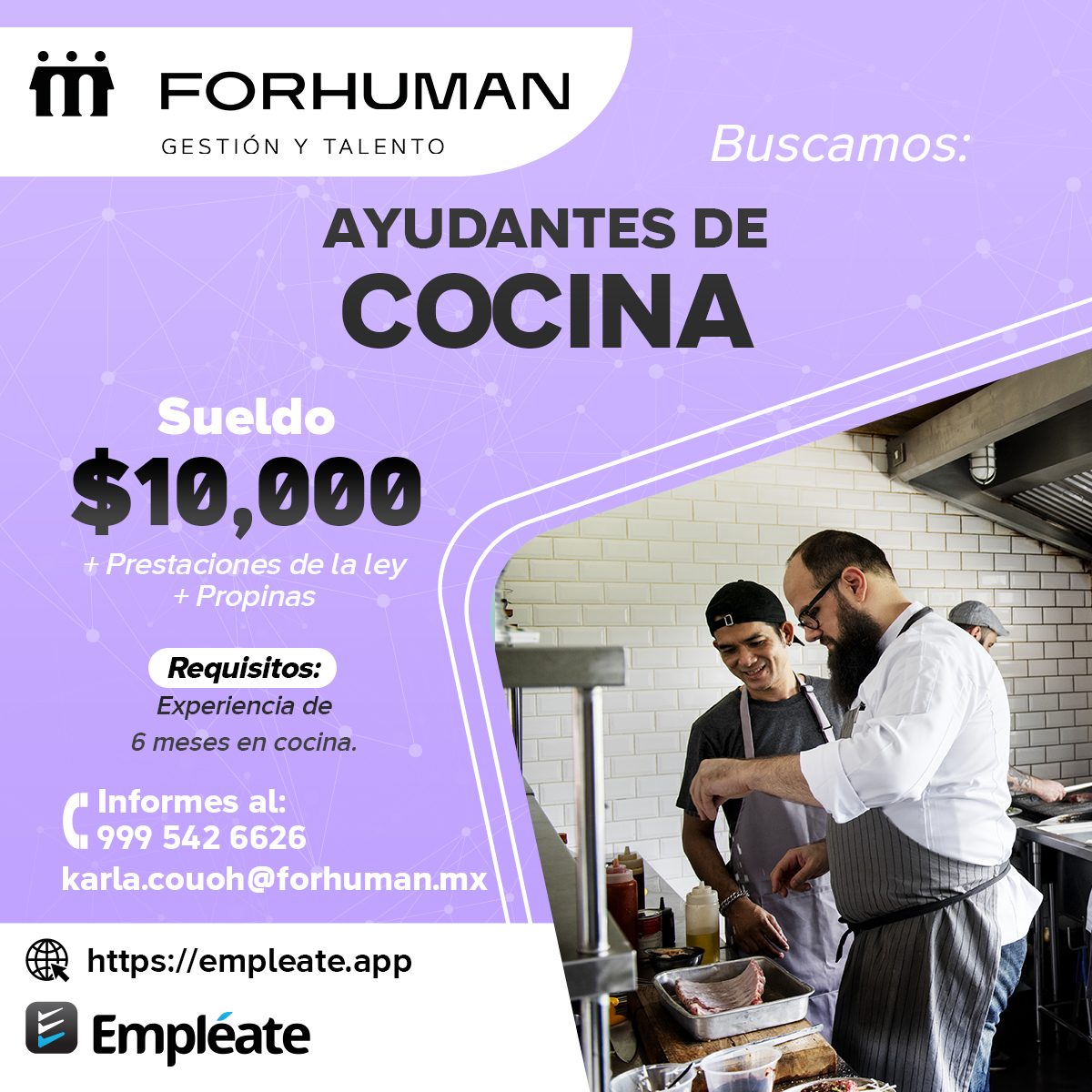 En Empléate puedes postularte cómo Ayudante de Cocina para ForHuman